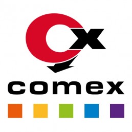 logo Comex C rouge x noir flèche noire 5 carrés de couleurs orange, joaune, vert, bleu, violet.